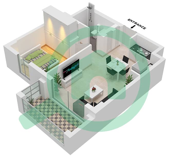 المخططات الطابقية لتصميم الوحدة 4 FLOOR 2-11 شقة 1 غرفة نوم - بايشور 3 Unit 4 Floor 2-11 interactive3D