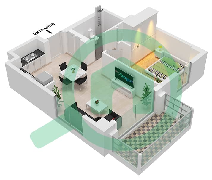 المخططات الطابقية لتصميم الوحدة 3 FLOOR 2-8 شقة 1 غرفة نوم - بايشور 3 Unit 3 Floor 2-8 interactive3D