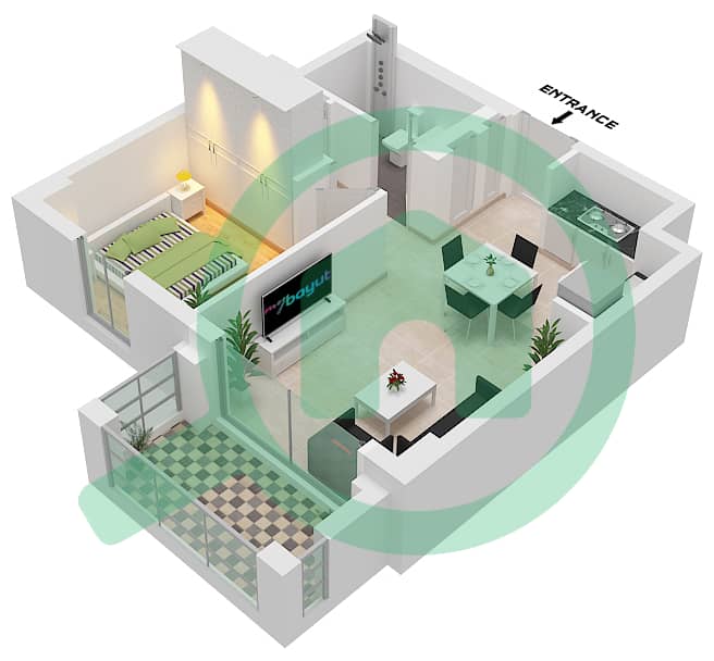 المخططات الطابقية لتصميم الوحدة 1 FLOOR 2-8 شقة 1 غرفة نوم - بايشور 3 Unit 1 Floor 2-8 interactive3D