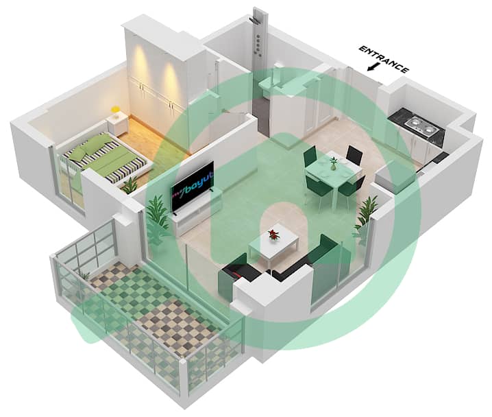 المخططات الطابقية لتصميم الوحدة 2 FLOOR 2-8 شقة 1 غرفة نوم - بايشور 3 Unit 2 Floor 2-8 interactive3D