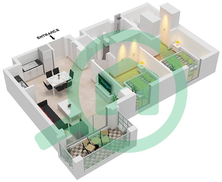 湾岸3号 - 2 卧室公寓单位7 FLOOR 1戶型图 Unit 7 Floor 1 interactive3D