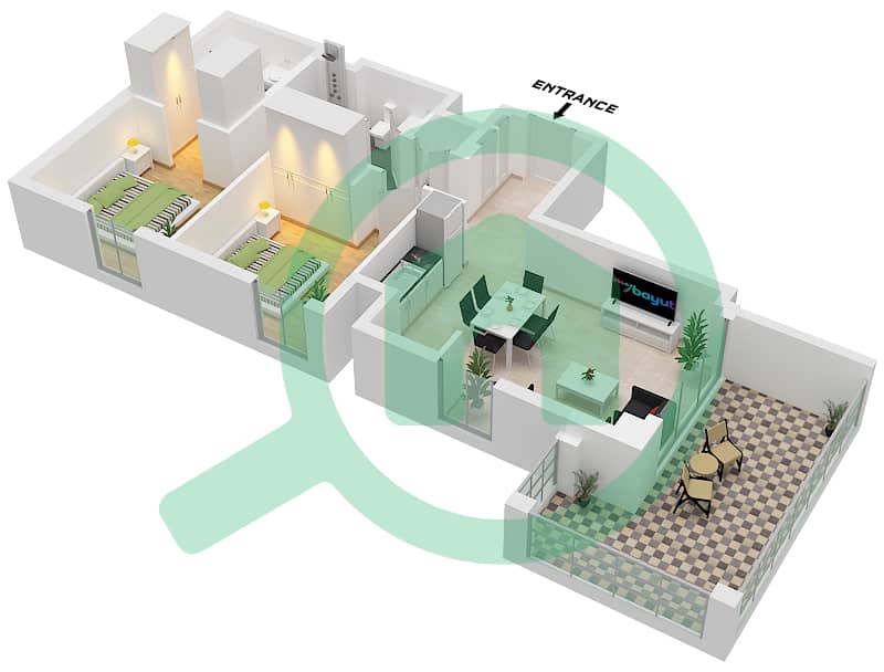 المخططات الطابقية لتصميم الوحدة 6 FLOOR 2-11 شقة 2 غرفة نوم - بايشور 3 Unit 6 Floor 2-11 interactive3D