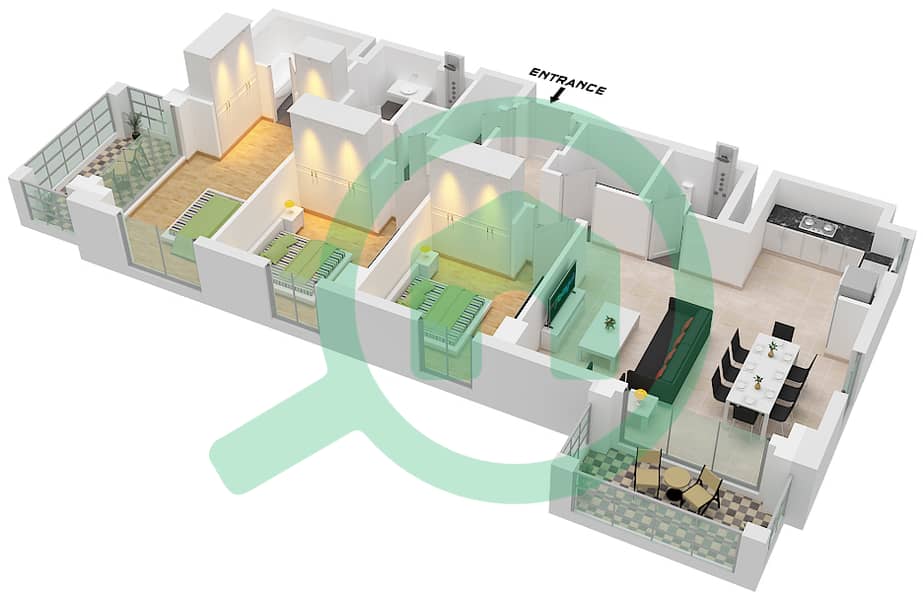 المخططات الطابقية لتصميم الوحدة 8 FLOOR 1 شقة 3 غرف نوم - بايشور 3 Unit 8 Floor 1 interactive3D