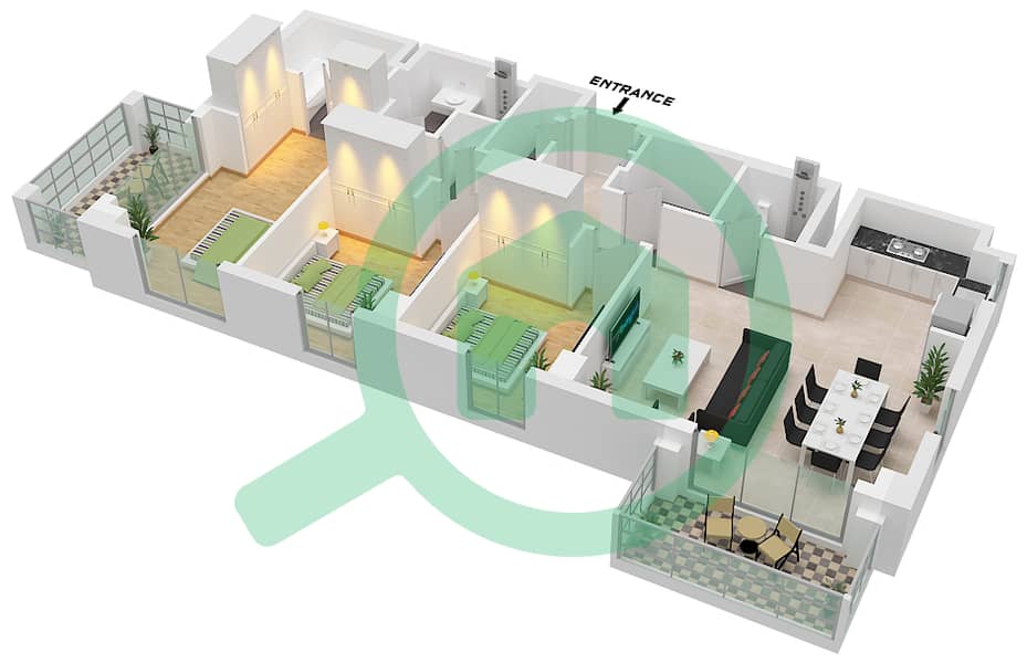 湾岸3号 - 3 卧室公寓单位8 FLOOR 9-11戶型图 Unit 8 Floor 9-11 interactive3D