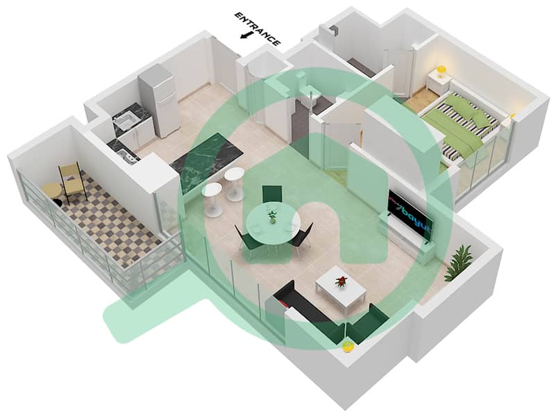 المخططات الطابقية لتصميم النموذج / الوحدة B / 5 FLOOR 2-18 شقة 1 غرفة نوم - سكن V1TER Type B Unit 5 Floor 2-18 interactive3D