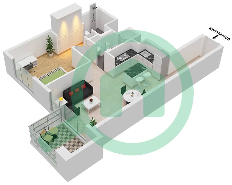 V1TER Резиденция - Апартамент 1 Спальня планировка Тип/мера E / 9 FLOOR 2-18 Type E Unit 9 Floor 2-18 interactive3D