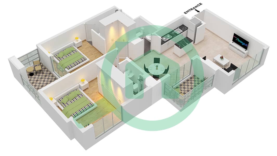 V1TER Residence - 2 卧室公寓类型／单位D / 2 FLOOR 19-20戶型图 Type D Unit 2 Floor 19-20 interactive3D