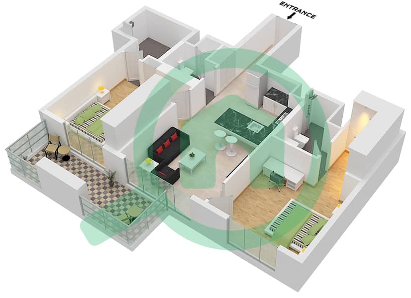 V1TER Резиденция - Апартамент 2 Cпальни планировка Тип/мера E / 3 FLOOR 19-20 Type E Unit 3 Floor 19-20 interactive3D