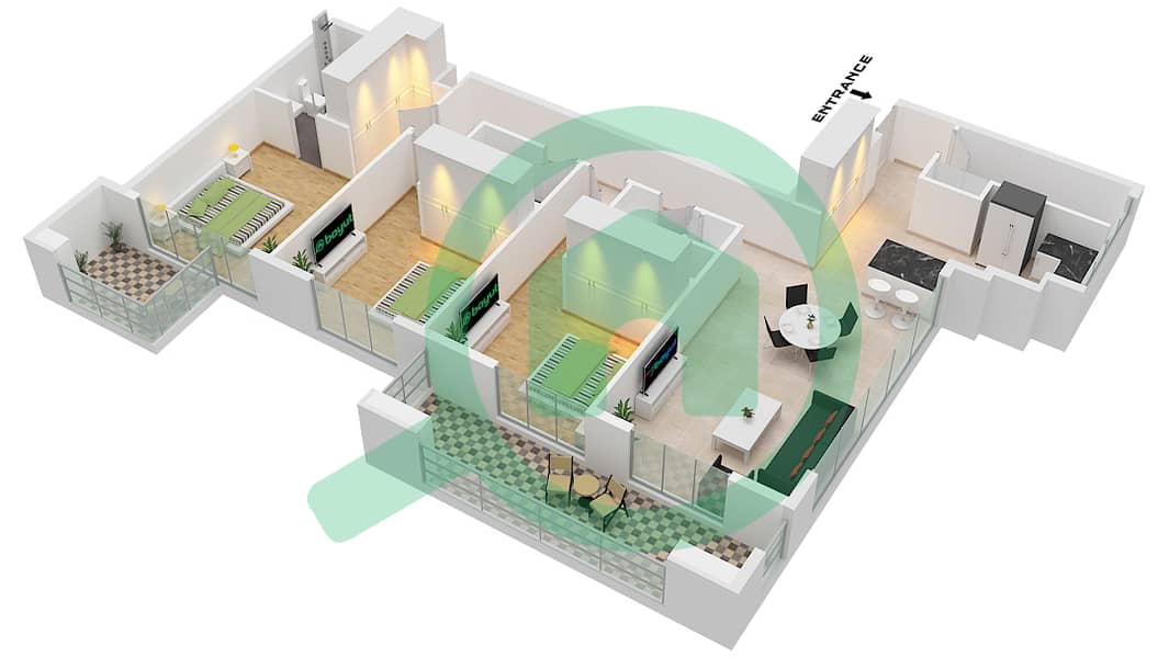V1TER Residence - 3 卧室公寓类型／单位B / 2 FLOOR 21-22戶型图 Type B Unit 2 Floor 21-22 interactive3D