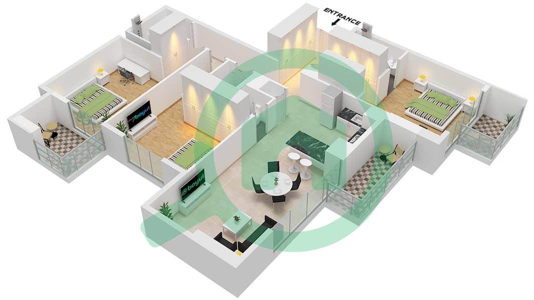 المخططات الطابقية لتصميم النموذج / الوحدة D / 6 FLOOR 21-22 شقة 3 غرف نوم - سكن V1TER Type D Unit 6 Floor 21-22 interactive3D