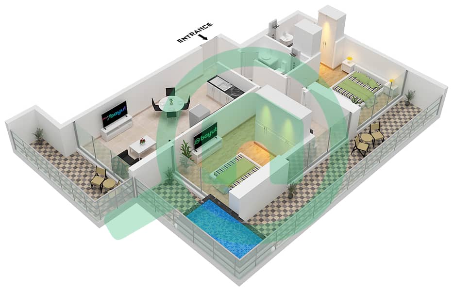 المخططات الطابقية لتصميم الوحدة 5-7 FLOOR 2-18,20-25 شقة 2 غرفة نوم - إليتز 2 من دانوب برج 2 Unit 5-7 Floor 2-18,20-25 interactive3D