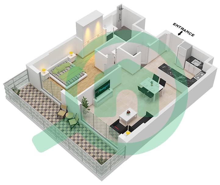 المخططات الطابقية لتصميم النموذج / الوحدة B2,B3 / UNIT 2-4 شقة 1 غرفة نوم - لوريل Type B.2,B.3 / Unit 2-4 Floor 1 interactive3D
