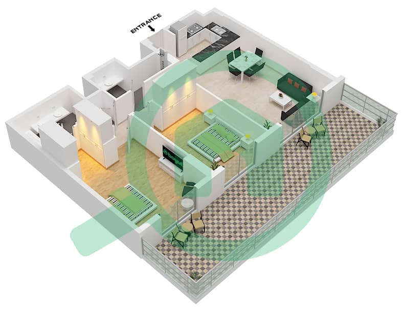 المخططات الطابقية لتصميم النموذج / الوحدة C1,C2 / UNIT 15,16 شقة 2 غرفة نوم - لوريل Type C.1,C.2 / Unit 15,16 Floor 1 interactive3D