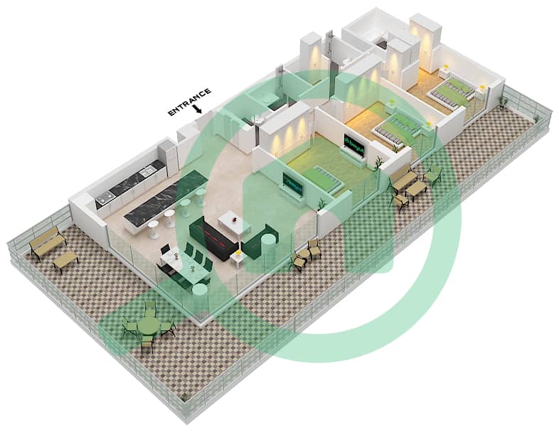 劳雷尔综合大楼 - 3 卧室公寓类型／单位A2 / UNIT 12戶型图 Type A.2 / Unit 12 Floor 1 interactive3D
