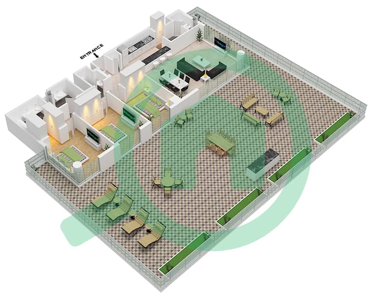 劳雷尔综合大楼 - 3 卧室公寓类型／单位B1 / UNIT 9戶型图 Type B.1 / unit 9 Floor 11 interactive3D