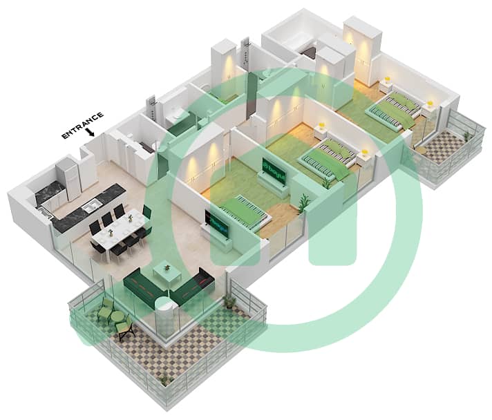 劳雷尔综合大楼 - 3 卧室公寓类型／单位E2 /UNIT 11戶型图 Type E2 / Unit 11 Floor 10 interactive3D