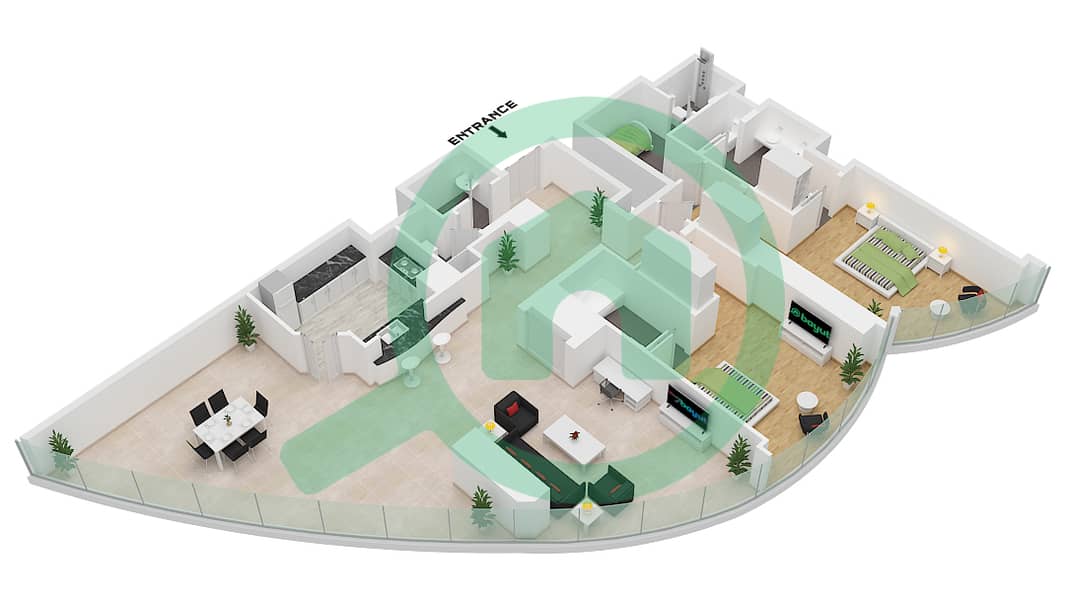 المخططات الطابقية لتصميم النموذج I 2036 SQF شقة 2 غرفة نوم - برج خليفة interactive3D