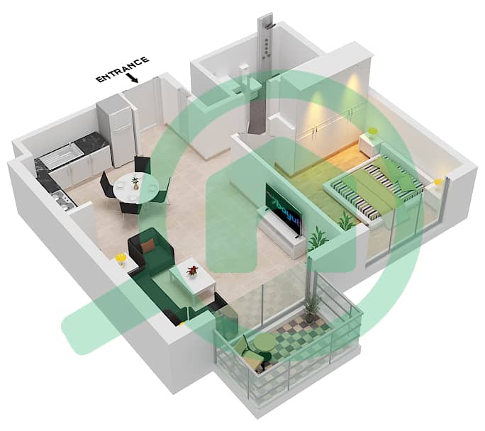 المخططات الطابقية لتصميم النموذج / الوحدة 1C,1D / UNIT 1,8,9,10 شقة 1 غرفة نوم - مساكن تنفيذية 1 interactive3D