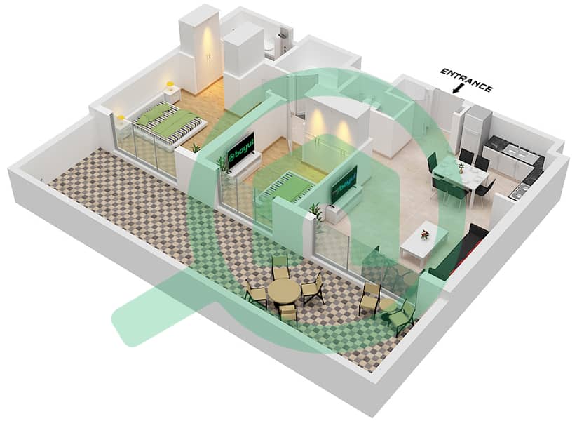 行政公寓1号 - 2 卧室公寓类型／单位2A /  UNIT 2,5,6,7,12,13戶型图 interactive3D