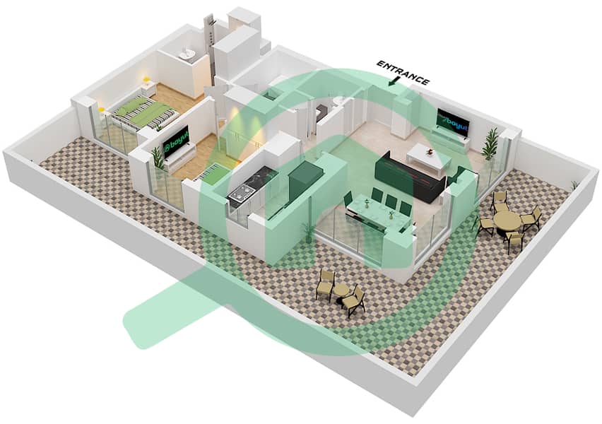 المخططات الطابقية لتصميم النموذج / الوحدة 2B / UNIT 3,4 شقة 2 غرفة نوم - مساكن تنفيذية 1 interactive3D
