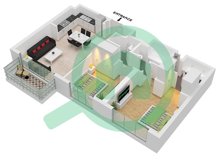 المخططات الطابقية لتصميم النموذج / الوحدة 2C /  UNIT 2,4,5,6,7,8,15 شقة 2 غرفة نوم - مساكن تنفيذية 1 interactive3D