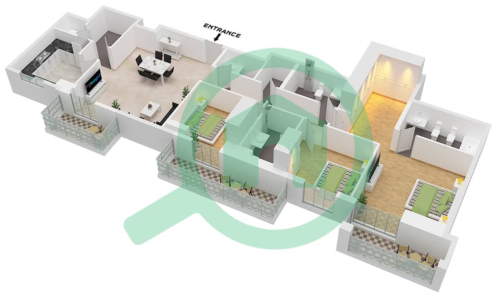 维多利亚公寓 - 3 卧室公寓单位1 / FLOOR 3戶型图 interactive3D