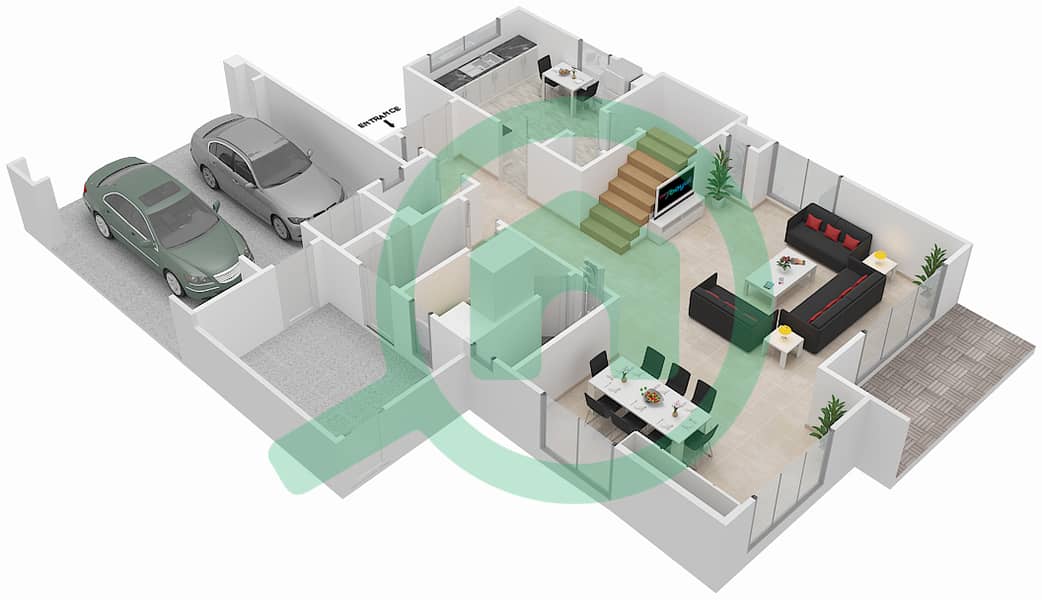 المخططات الطابقية لتصميم النموذج D2 فیلا 3 غرف نوم - فيلا لانتانا 1 Ground Floor interactive3D