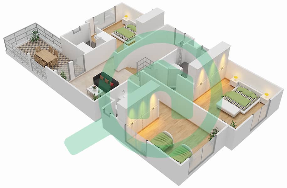 المخططات الطابقية لتصميم النموذج D2 فیلا 3 غرف نوم - فيلا لانتانا 1 First Floor interactive3D