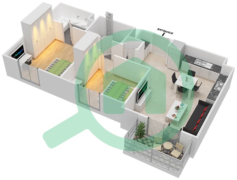 المخططات الطابقية لتصميم النموذج 2D-3 شقة 2 غرفة نوم - شقق صافي 1B interactive3D