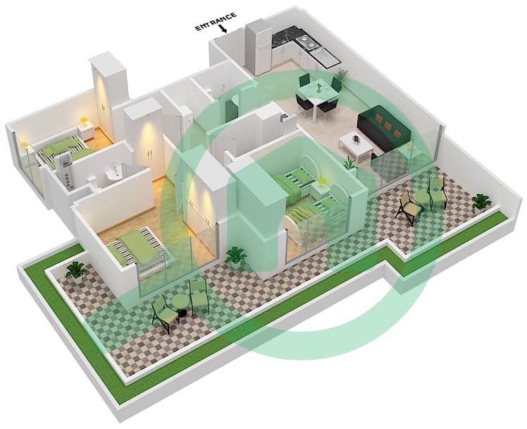 المخططات الطابقية لتصميم النموذج 1A شقة 3 غرف نوم - عزيزي ريفييرا 8 interactive3D