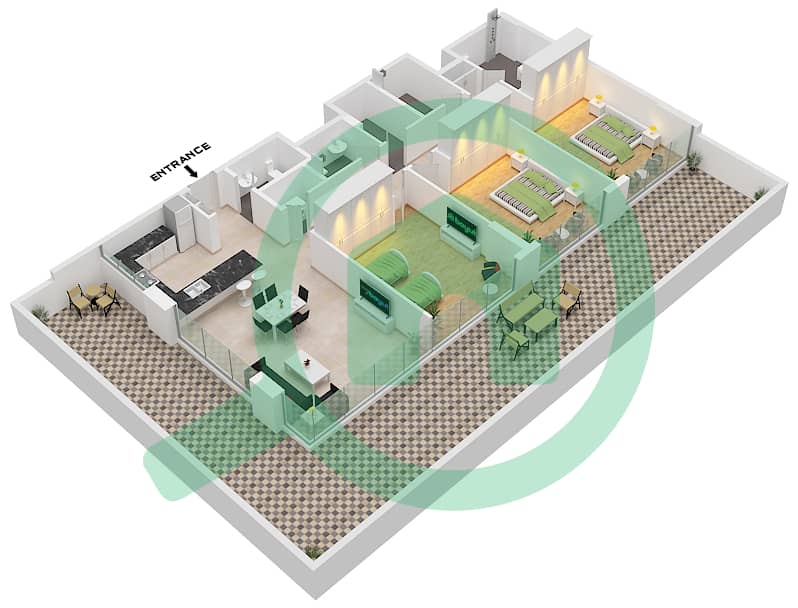 Residences 13 - 3 Bedroom Apartment Unit 3 GROUND FLOOR Floor plan interactive3D