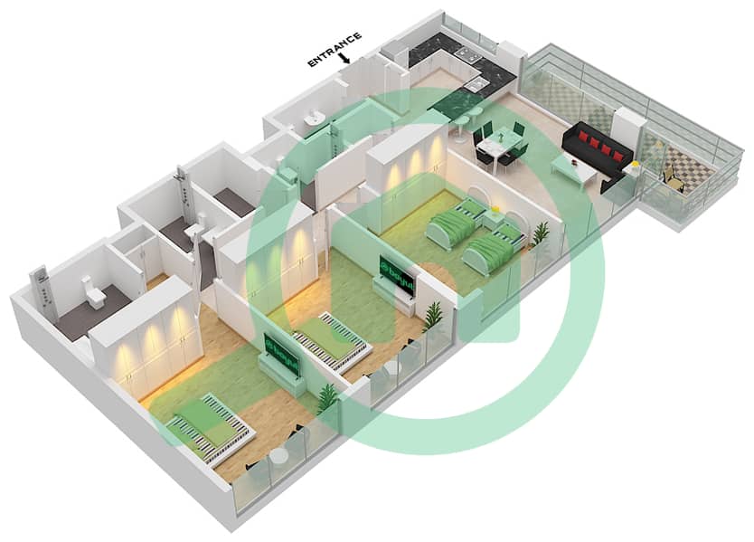 公寓143号 - 3 卧室公寓单位4 FLOOR 1-14戶型图 Floor 1-14 interactive3D