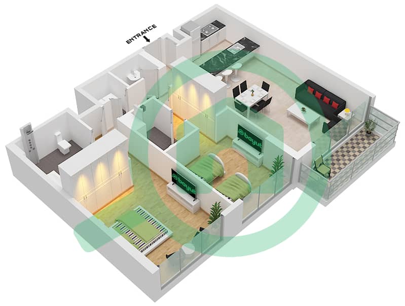 公寓143号 - 2 卧室公寓单位5 FLOOR 1-14戶型图 Floor 1-14 interactive3D
