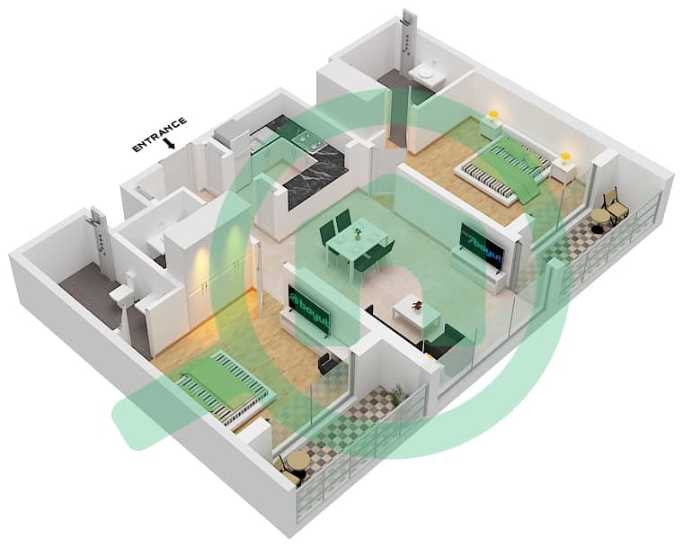 المخططات الطابقية لتصميم النموذج E شقة 2 غرفة نوم - ون بارك افينيو interactive3D