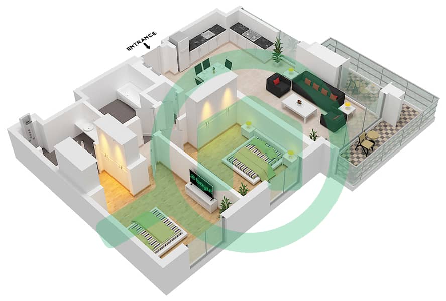 المخططات الطابقية لتصميم الوحدة 1 FLOOR PODIUM شقة 2 غرفة نوم - برج إيون 2 Unit 1 Floor Podium interactive3D