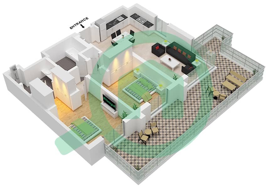 المخططات الطابقية لتصميم الوحدة 2 FLOOR 1 شقة 2 غرفة نوم - برج إيون 2 Unit 2 Floor 1 interactive3D