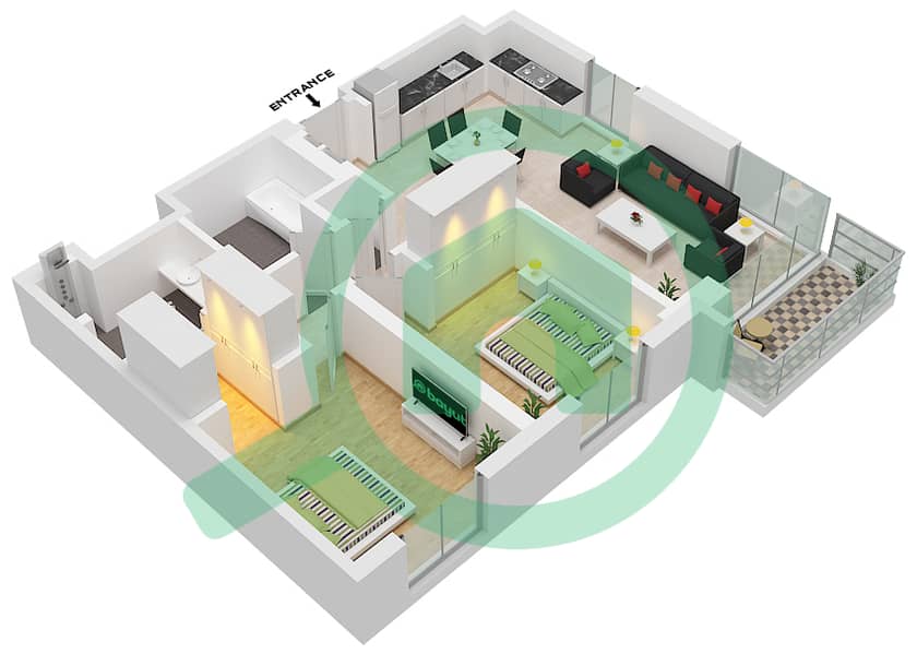 المخططات الطابقية لتصميم الوحدة 2 FLOOR 2-11 شقة 2 غرفة نوم - برج إيون 2 Unit 2 Floor 2-11 interactive3D