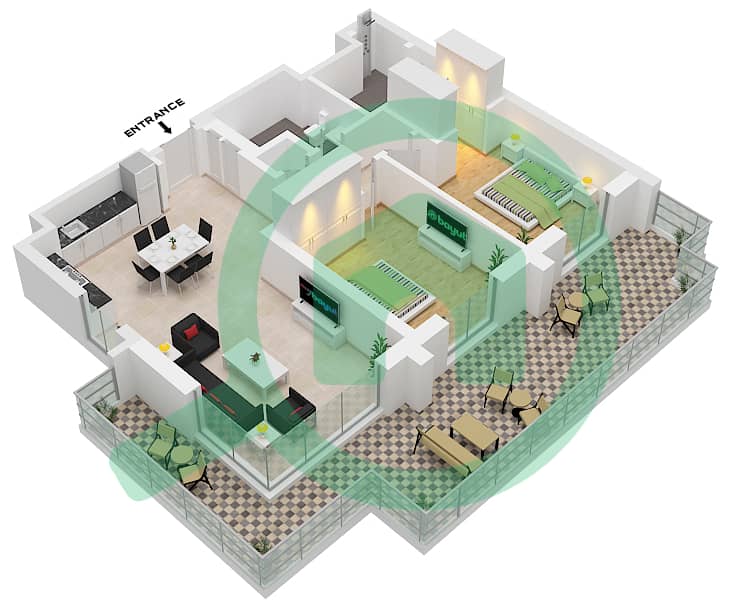 المخططات الطابقية لتصميم الوحدة 8 FLOOR 1 شقة 2 غرفة نوم - برج إيون 2 8 Floor 1 interactive3D