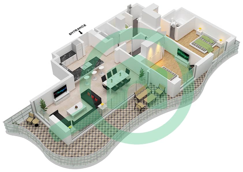 المخططات الطابقية لتصميم النموذج / الوحدة 1 / UNIT 3 شقة 2 غرفة نوم - باي ريزيدنس Type 1 Unit 3 Floor 1-12 interactive3D
