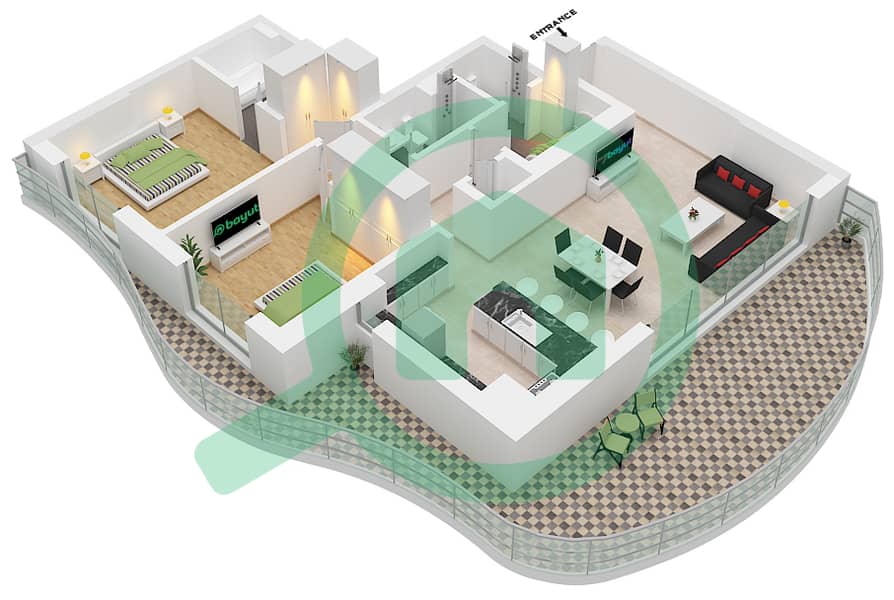 المخططات الطابقية لتصميم النموذج / الوحدة 2 / UNIT 9-11 شقة 2 غرفة نوم - باي ريزيدنس Type 2 Unit 9 Floor 13,14
Unit 10 Floor 1
Unit 11 Floor 2-12 interactive3D