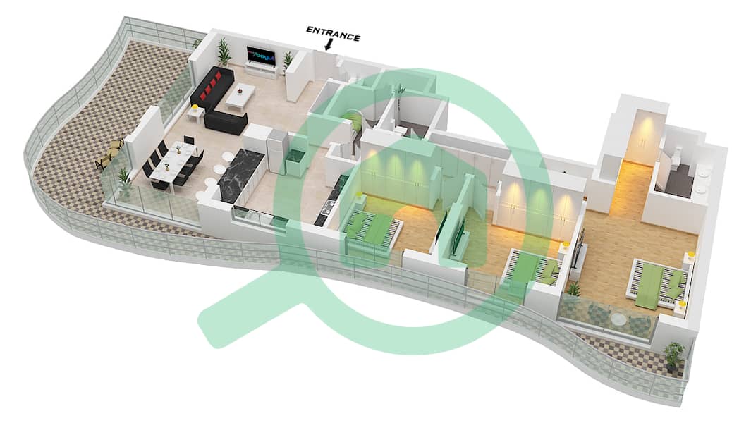 海湾公寓 - 3 卧室公寓类型／单位2 / UNIT 2戶型图 Type 2 Unit 2 Floor 13,14 interactive3D