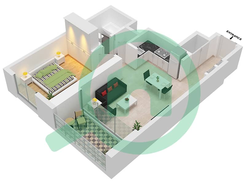المخططات الطابقية لتصميم الوحدة UNIT 1 FLOOR 3-17,19-22 شقة 1 غرفة نوم - برج كريك جيت 2 Floor 3-17,19-22 interactive3D