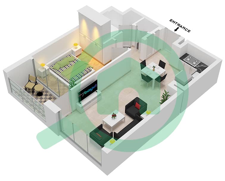 المخططات الطابقية لتصميم الوحدة 2 FLOOR 2-14,16-28 شقة 1 غرفة نوم - برج كريك جيت 2 Unit 2 Floor 2-14,16-28 interactive3D