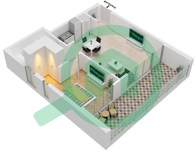 المخططات الطابقية لتصميم الوحدة 5 FLOOR 1-14 شقة 1 غرفة نوم - برج كريك جيت 2 Unit 5 Floor 1-14 interactive3D