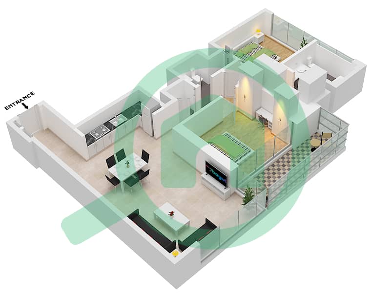 المخططات الطابقية لتصميم الوحدة 2 FLOOR 3-17,19-22 شقة 2 غرفة نوم - برج كريك جيت 2 Unit 2 Floor 3-17,19-22 interactive3D
