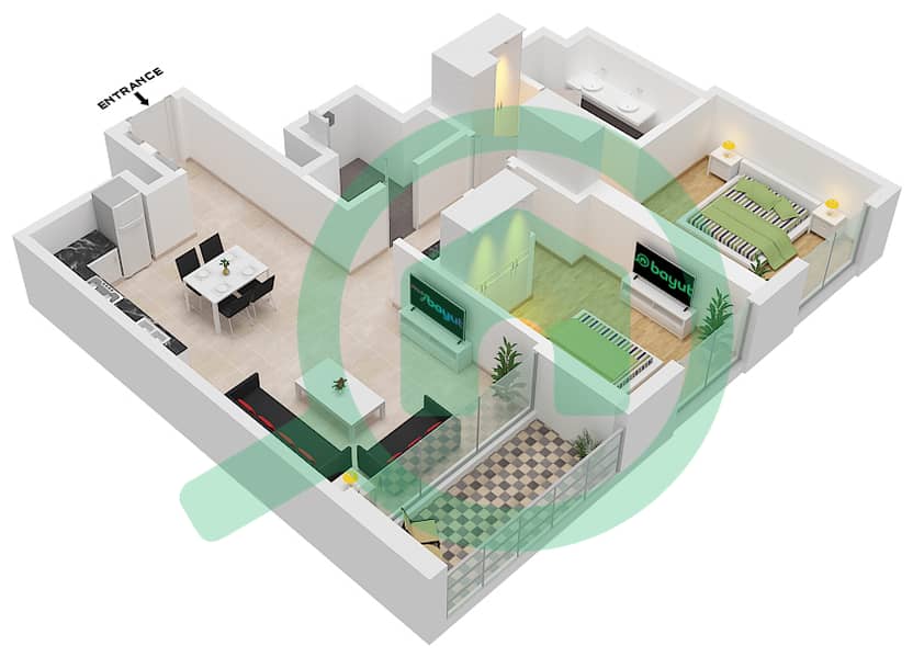 المخططات الطابقية لتصميم الوحدة 4 FLOOR 3-17,19-22 شقة 2 غرفة نوم - برج كريك جيت 2 Unit 4 Floor 3-17,19-22 interactive3D