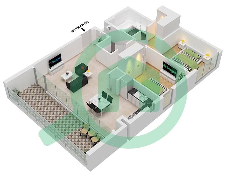 المخططات الطابقية لتصميم الوحدة 8,7 FLOOR 1-14,16-23 شقة 2 غرفة نوم - برج كريك جيت 2 Unit 8,7 Floor 1-14,16-23 interactive3D