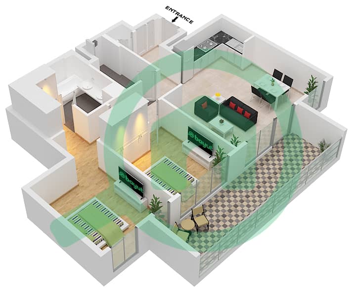 المخططات الطابقية لتصميم الوحدة 9,8 FLOOR 1-14,16-23 شقة 2 غرفة نوم - برج كريك جيت 2 Unit 9,8 Floor 1-14,16-23 interactive3D