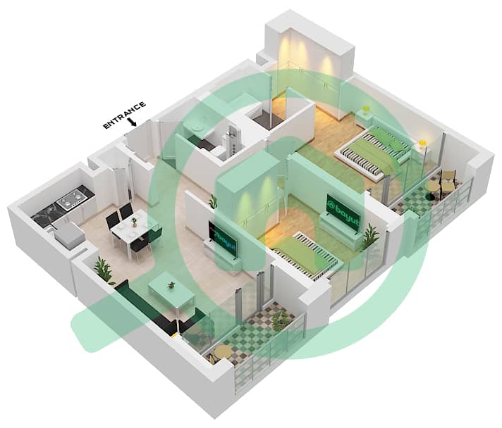 المخططات الطابقية لتصميم الوحدة 6 FLOOR 16-23 شقة 2 غرفة نوم - برج كريك جيت 2 Unit 6 Floor 16-23 interactive3D