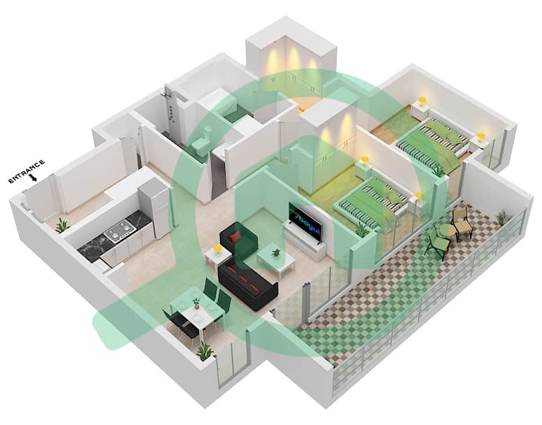 المخططات الطابقية لتصميم الوحدة 4 FLOOR 24-28 شقة 2 غرفة نوم - برج كريك جيت 2 Unit 4 Floor 24-28 interactive3D